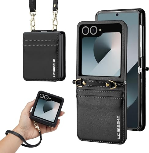ZHOZEXIN Étui Portefeuille élégant en Cuir PU pour Samsung Galaxy Z Flip 7, avec Support, Fente pour Cartes, dragonne et bandoulière.（Noir）