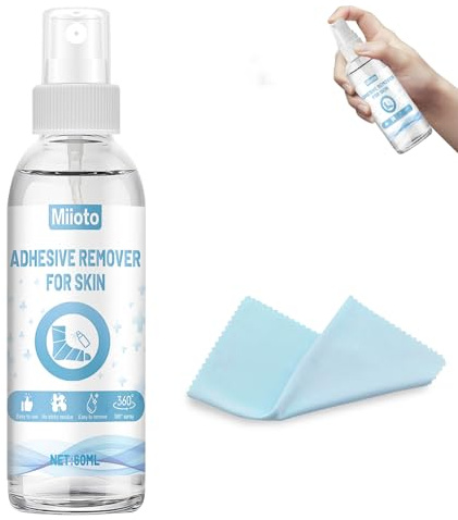 Disolvente Pegamento Vendas, 60ml Pflasterentferner Spray + 12 * 12 Cm Toalla, Eliminador Adhesivo Spray, se Disuelve Rápidamente se Puede Quitar Fácilmente sin Dejar Residuos Pegajosos
