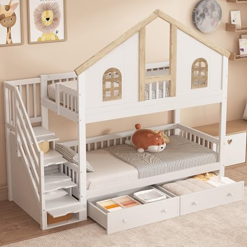 Etagenbett, Kinderbett, mit farblich abgesetztem Fallschutzgitter, mit Fenster, Zwei Schubladen mit Rollen, Treppe mit 4 Ablagefächern, Kiefer+MDF, Weiß+Natur, 90x200cm