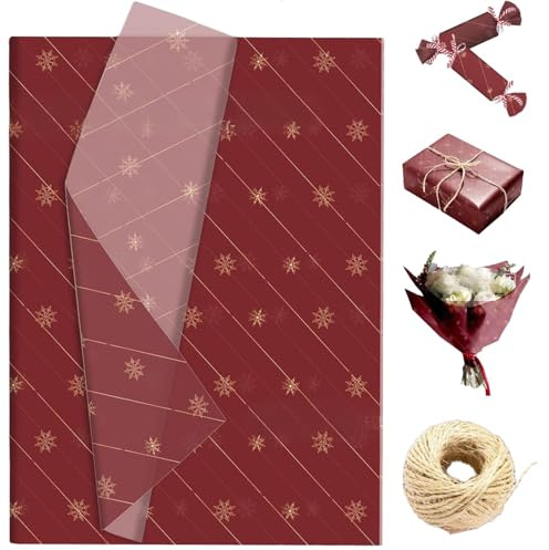 50 stycken presentpapper jul till presentförpackning, julpapper rulle, 50 x 35 cm presentpapper med 15 m hamparep och snöflingemönster, jul wrappingpapper, för nyår, gör-det-själv (röd) (röd 1)