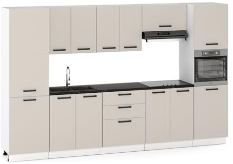 Küchenmöbelset 320cm,Einbau mit Ober- und Unterschränken, Hauswirtschafts- und Backofenbau, Modularküche zum Selbstmontagen ohne Haushaltsgeräte,Modern Kaschmir