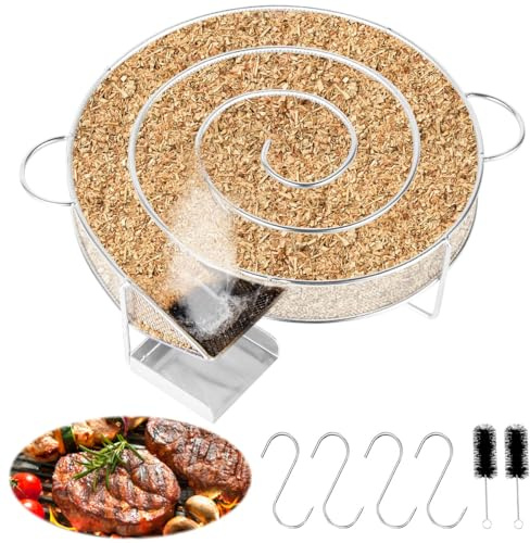 Kaltrauchgenerator, Rund Rauchgenerator, Edelstahl Räucherschnecke mit 4 Fleischhaken + 2 Reinigungsbürste, Kaltrauch Kaltraucherzeuger für Räucherofe für Kugelgrill, BBQ, Räucherofen