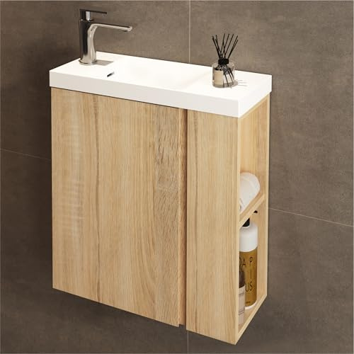JINDOLI Waschbecken mit Unterschrank 55 cm - Badmöbel Set mit 2 Tier seitliche Ablagen außen & Haken, Vormontiert Waschbeckenunterschrank Klein für Bäder - Sonoma Eiche (inkl. Chrom Armatur)