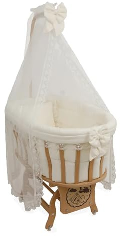 Bebek On For Basket Crib Babywiege aus Buchenholz mit Himmel & Spitzen-Set | Schaukel- & Feststellfunktion | Inkl. Matratze & Bettwäsche | Für Neugeborene bis 12 Monate