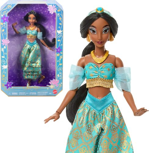 Mattel Disney Princess Jasmin, Sparkling Princess-modedocka och accessoarer, avtagbara kläder, skor, halsband och örhängen, inspirerad av filmen, JMP63