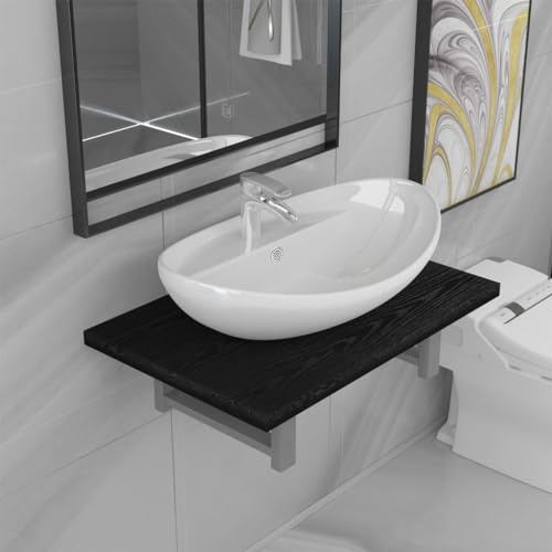 Holamys 2-TLG. Badmöbel-Set Schwarz, Wandregal aus Holzwerkstoff mit Keramik Waschbecken Oval, 60x40x16,3 cm, modernes Aufsatzwaschbecken für Badezimmer, Waschküche, Gäste-WC