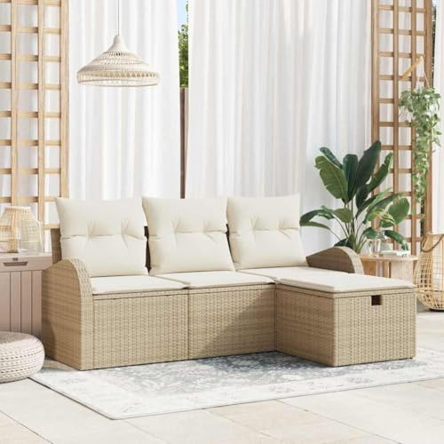 Tonture Poly-Rattan Sofa Set, 4-teilig, Beige/Creme, Wetterfest, Modulares Outdoor-Sofa mit Stauraum, für Garten, Terrasse, Balkon, 179x117x85 cm