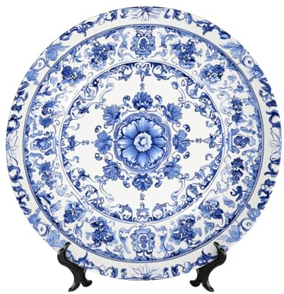 ZSUUGJ Plato decorativo de porcelana china con diseño de flores azules y blancas con soporte y gancho, adorno de pared y mesa, ideal para sala de estar, estudio, 8 pulgadas/10 pulgadas