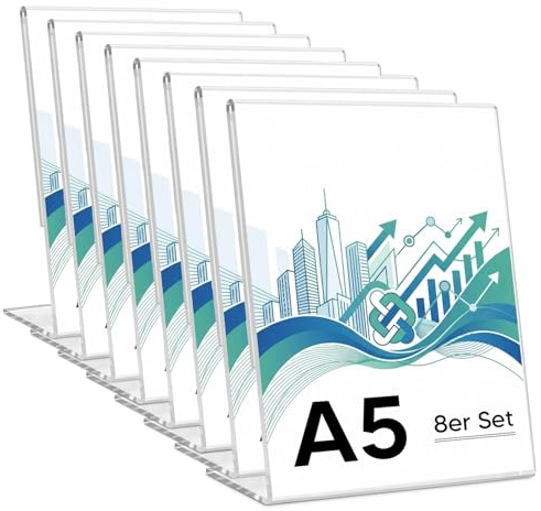 Vliebb Tischaufsteller A5, 8 Stück Klare Acryl L-Ständer Aufsteller für Menükarten, Flyer & Schilder, Glasklarer Präsentationsständer für Restaurant, Theke & Büro, Hochformat