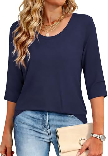 Crewhpo Camiseta Manga 3/4 Mujer Cuello Redondo Top Básica Blusas Elegante | Color Sólido, Holgado, Elástico Ligero, Suave Cómodo, Transpirable, Entallado, Primavera, Verano, Diario, Casual