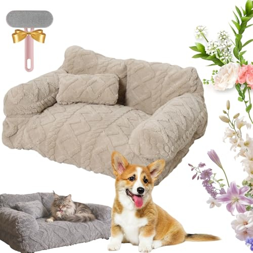 Snrtevu Lugnande plyschsoffa för husdjur, hundsoffa för stora hundar, kattsoffa, hundbädd soffa, lätt att rengöra, avtagbar, för katter, hundar, stöder djup sömn (beige, M: 55 x 40 cm)