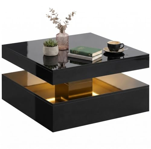 HOMCOM LED Coffee Table with Storage, 2-Tier Centre Table, High Gloss Black | Modern, Open Shelf, Remote, Living Room