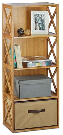 Relaxdays Regal Bambus mit Korb, 2, 3 und 4 Ablagen, Holz Standregal, Badregal, Faltbox, HxBxT: 42 x 29 cm, Natur braun | Badregal, Faltbox, HxBxT: 105 x 42 x 29 cm