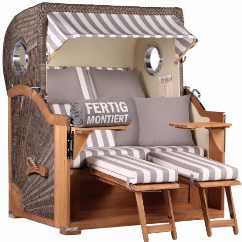 MR. DEKO® Strandkorb Baltikum 2,5-Sitzer Teak | PE Geflecht Grey | Volllieger Strandkörbe aus Teakholz mit 2 Bullaugen & Fußablagen | Polster mit 4 Kissen | Strandstuhl (Dessin 513)
