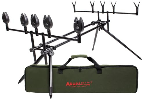 Rod Pod Riverbank - Rutenhalter für 5 Ruten inkl. 5 Bissanzeiger & 5 V-Auflagen - verstellbare Rutenauflage mit Tasche aus Aluminium - Schwarz