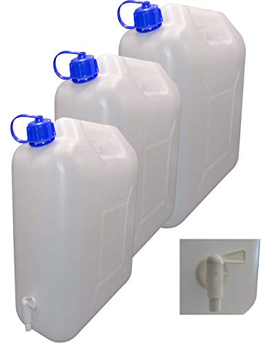 3 bidones de 10 L con tapa, grifo y boquilla, agua potable natural