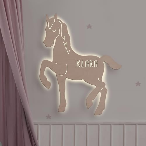 hellomini Personalisierbares LED-Nachtlicht mit Name für Kinder & Babys | Holz-Wandlampe | Schlummerlicht mit Motivwahl – Geschenk zur Geburt & Taufe (Paula das Pferd)