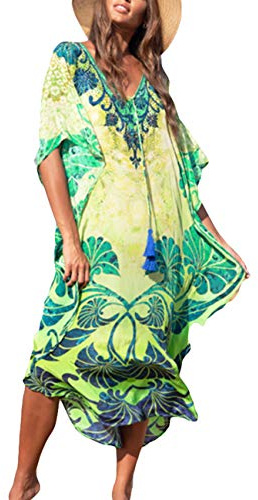 Bsubseach Strandkläder för kvinnor, turkisk kaftan, lång strandklänning, Tryck, En Storlek