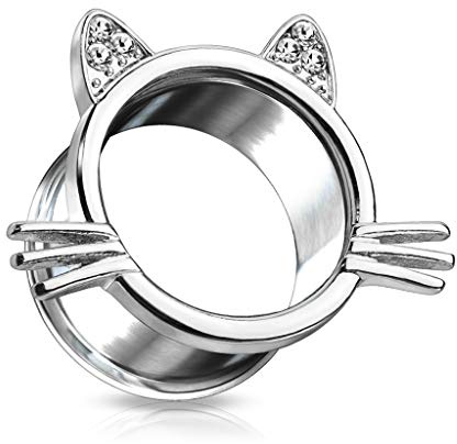 beyoutifulthings Ohr-Tunnel Katze Kristall Ohren Silber Ohr-Piercing Edelstahl Ohr-Schmuck Double Flared Flesh Plug Sattel-Verschluss 6-16mm