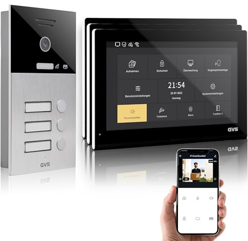 GVS IP Video Türsprechanlage 3 Familienhaus mit Türöffner 3X 10 Monitor | Smarte Video Türklingel mit Kamera und Monitor & App - Gegensprechanlage mit Türöffner (AVS5516U)