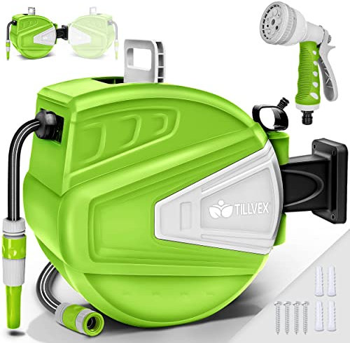 tillvex Carrete para Manguera de agua 30+2m con soporte de pared | Enrollador de manguera con pistola manual y manguera de jardín | Caja de manguera para pared con enrollado automático