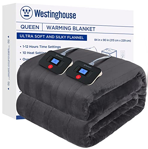 Westinghouse Electric Blanket Queen Size, Super Cozy Soft Flannel 84 x 90 Heated Blanket with 10 Fast Heating Levels & 1-12 Auto-Off, Machine Washable, ETL&FCC Certification, Charcoal