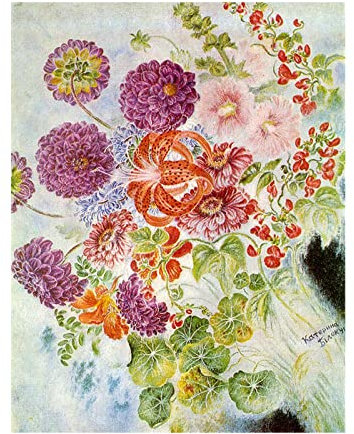 Berühmte Kateryna Bilokur Drucke, Kunstdruck auf Leinwand, modernes Kunstwerk, abstrakte Poster, Leinwand, Wandkunst, Bilder für Wohnzimmerdekoration (Dahlien-Blumen), 70 x 100 cm, rahmenlos