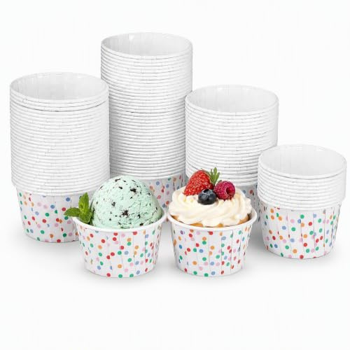 Housoutil 100PCS Paper Ice Cream Cups, 3oz Disposable Ice Cream Tubs, Colorful Polka Dot Paper Disposable Dessert Bowls, Polka Dot for Baking, Mini Muffin Cases, Sundae, Yoghurt, Hot & Cold Foods