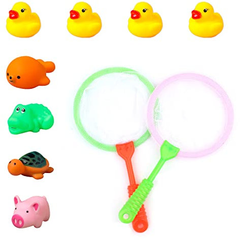 Juego de Juguetes de baño con 2 Herramientas de Red de Pesca y 8 minianimales de Goma para Juegos de Piscina, Juguetes de Agua, Regalos para niños y niñas