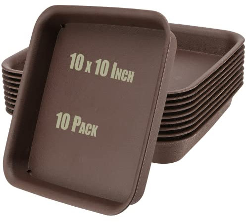 HOIGON Paquete de 10 platillos cuadrados de plástico de 10 pulgadas, bandeja cuadrada de goteo de plástico, bandeja de platillo de plantas resistente para macetas de exterior e interior, marrón oscuro