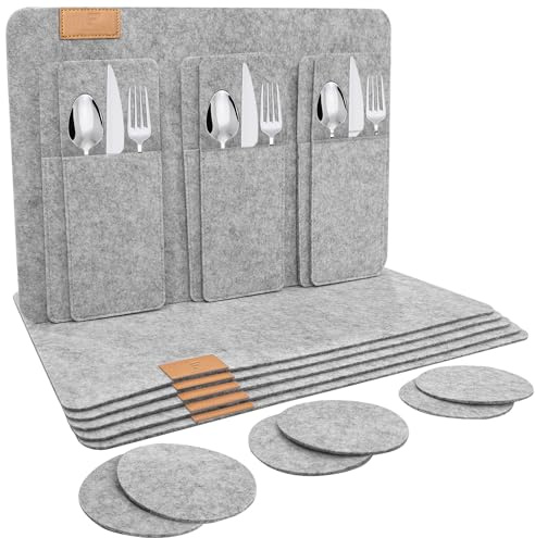 shinfly Tischsets Abwaschbar Platzsets aus Filz 18er Set, Abwischbar Tischsets, Hitzebeständig rutschfest Platzdeckchen mit Untersetzer, BestecksäCken für Küche, Speisetisch, 44x31cm 【Hellgrau】