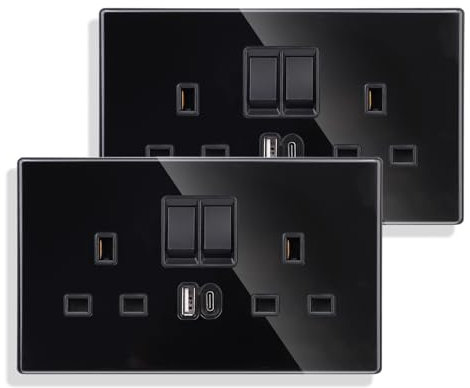 JIMEIDA 2 Pack Double Switched Socket 13 Amp with USB A and Type C Charging Ports Crystal Black Glass Panel Wall Outlet Electric Power Socket