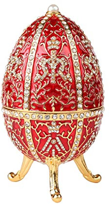 QIFU Vintage Red Easter Egg Style Enameled Trinket Box Hinged, Unique Gift for Family