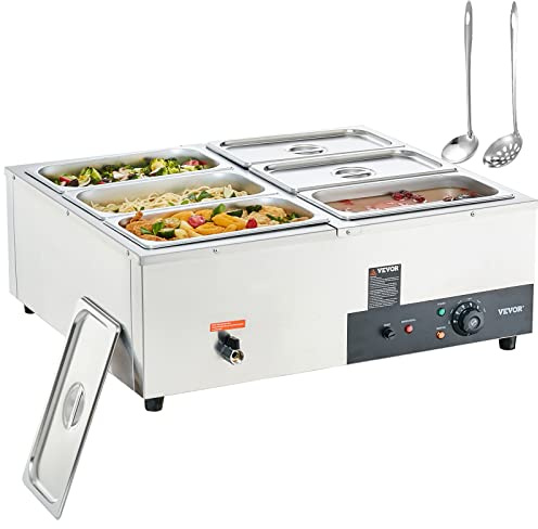 VEVOR Calentador Eléctrico Comercial de Alimentos para Buffet 6x8 Qt Recipiente Calentador de Comida para Evento Exterior 1500 W Baño María Eléctrico de Acero Inoxidable para Jardín Fiesta Barbacoa