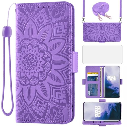 Asuwish Funda para OnePlus 7 Pro con Cuerda y Cristal Templado Protector de Pantalla Soporte Tarjetero Cuero Libro Cartera Carcasa 7Pro GM1913 Wallet Phone Cover Case Morado