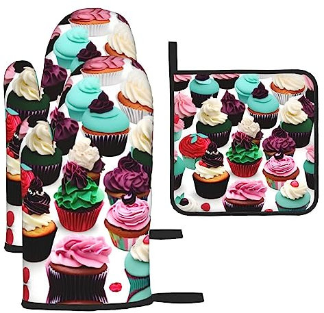 Delicious Cupcakes - Guanti da forno premium con set di cuscinetti termici, indispensabili per grigliare in casa e all'aperto