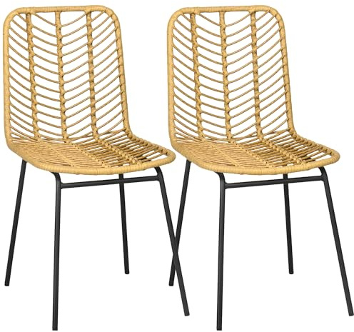 HOMCOM Pack de 2 Sillas de Comedor de Ratán Sintético Sillas de Cocina de Mimbre con Patas de Acero para Salón Dormitorio Carga 120 kg 44x58x85 cm Natural