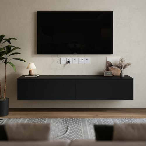 Warmiehomy Floating TV Unit Wall Mounted Media Wall TV Cabinet 160cm,Black