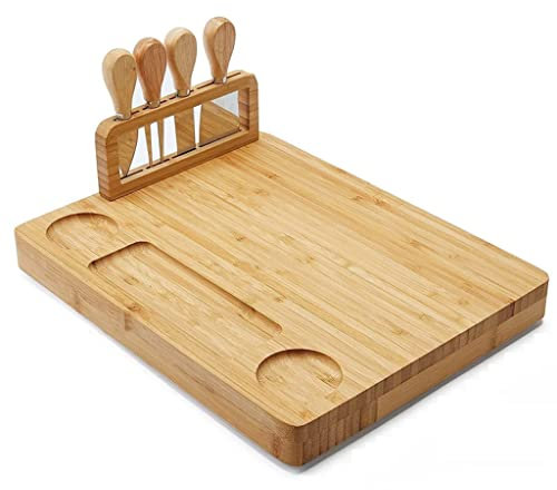 SOBOUR Espacioso Tablas de charcutería de bambú, cajones, Tabla de Queso, Tabla de Queso y Juego de Cuchillos con 4 Cuchillos de Acero Inoxidable y 1 Cuenco de cerámica Multifunción