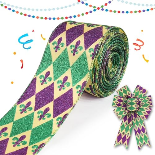 ALIBBON 2.5 10 Yd Mardi Gras Fleur de Lis Wired Ribbon Green Purple Buffalo Plaid for Wreath Carnival Masquerade DIY Crafting Gifts Wrapping Party Decoration