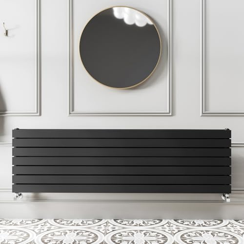 Go Bathrooms Pinta 475 x 1800mm Horizontal Radiator Black Flat Panel Double Column Wall Mounted Designer Black Radiator Central Heating Includes Brackets