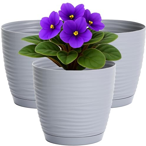 Home Garden Ornaments Lot de 3 Pots de Fleurs Ø 15 cm en Plastique avec Soucoupe et Drainage – Cache-Pots pour Intérieur et Extérieur – Finition Ondulée – Gris