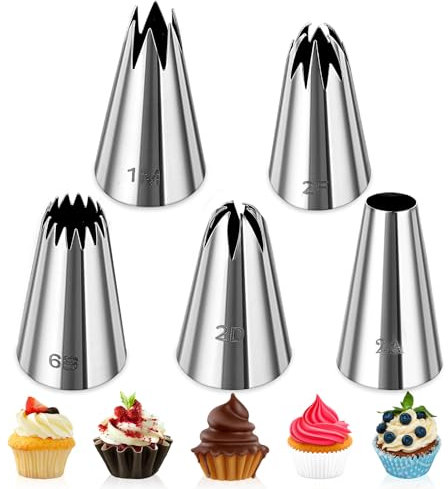 Giantree 5 Pcs Large Piping Tips Set, Stainless Steel Cake Piping Kit Cake Piping Nozzles Tips for Decoration DIY Icing Tool 1M 6B 2A 2D 2F Baking Tools Decorating Tips for Cream Cupcake Cookie Decor