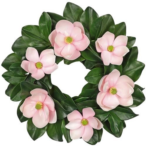 Oairse 24 inch Artificial Wreath for Front Door Pink Magnolia Wreath Greenery for Spring Summer Decor Home Wedding Farmhouse Mantel Door Year Round Decoration