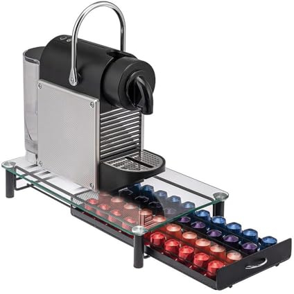 Paluplus Cassetto Portacapsule in Metallo e Vetro da 40 Capsule, Misura 23,5x40x7 cm, Supporto per Macchina da Caffè, Piedini Antiscivolo e Antigraffi, Dispenser Cialde e Capsule -5975F