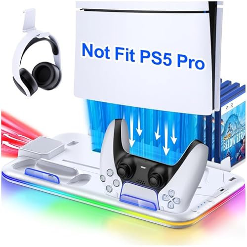 CoguyTech Standfuß für PS5/ PS5 Slim mit Lüfter und Controller Ladestation, Kühler Ständer RGB Licht für PS5 Halterung mit USB Ports/Headset Halter/Aufbewahrung für PS5 Zubehör, Weiß
