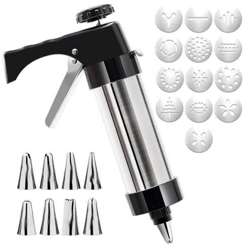 JODAIS Stainless Steel Cookie Press Gun Kit, Biscuit Maker Gun Cookie Press Pump Machine, Cake Icing Decorating Set with 13 Discs & 8 Nozzles, Biscuit Maker Set for Birthday Anniversary Party
