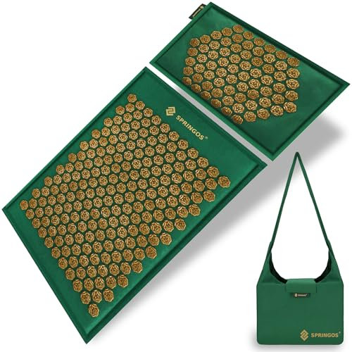 SPRINGOS Tappetino Massaggiante con Cuscino 65 x 40 cm Tappetino Agopressione in Lino e Fibra di Cocco, Inclusa Borsa per il Trasporto, Design Fiore di Loto, Relax e Massaggio Corpo