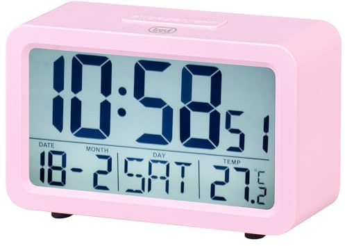 Trevi SLD 3P60 Sveglia Digitale con Grande Display LED Retroilluminato, Orologio con Termometro, Calendario, Funzioni Timer e Snooze, Alimentazione a Batterie AA, Facile da Utilizzare, Rosa