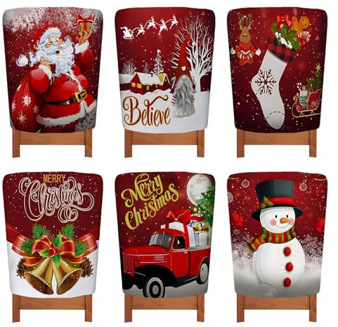 Treer Stuhlhussen Weihnachten 6er Set, Stretch Stuhlüberzug Weihnachten Abnehmbarer Weihnachts Stuhlhussen für Küchenstühle Deko (6 Stück, Schneemann)